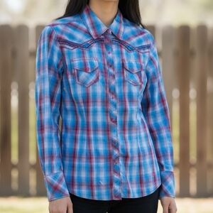 Ariat Western Snap Button Yoke Long Sleeve Metallic Blue Pink Women Size Medium